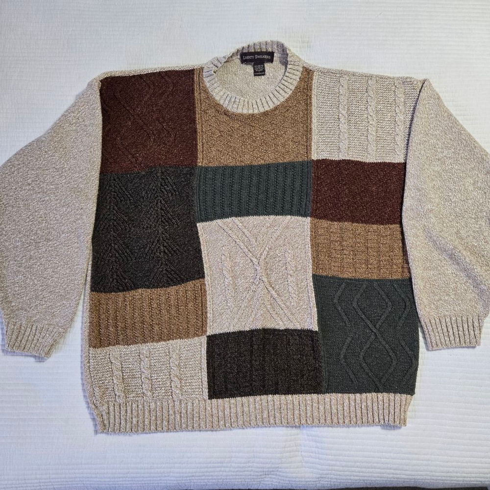 Men's Vintage Liberty Sweaters Patchwork Crewneck Sweater L Brown Colorblock